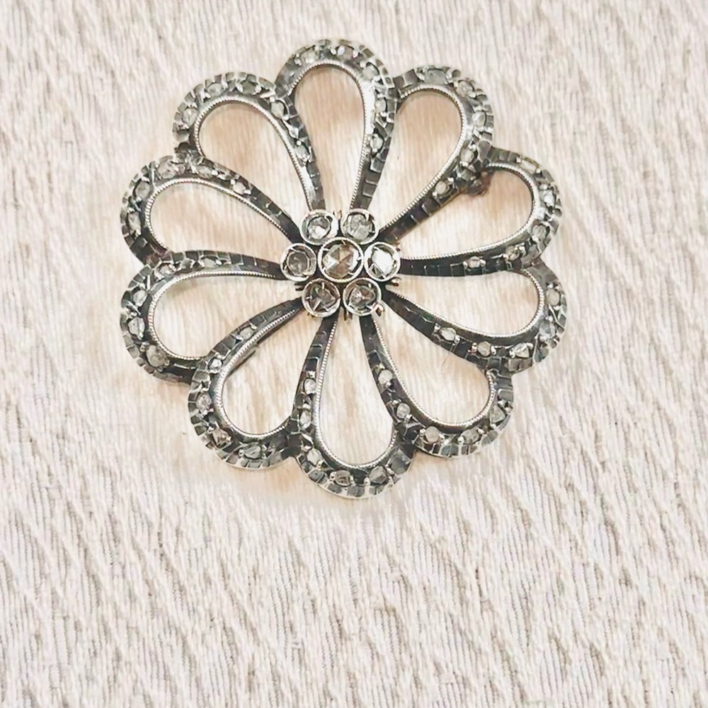 Antique Victorian Rose Cut Diamond and Sterling Silver Brooch with 9KT Pin